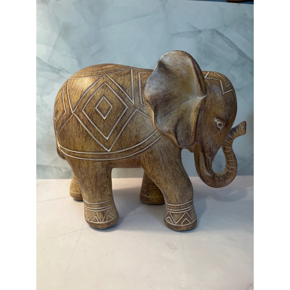 Decorative Wooden Elephant Figurine Carved Tribal Pattern‎ Brown Accent Statue